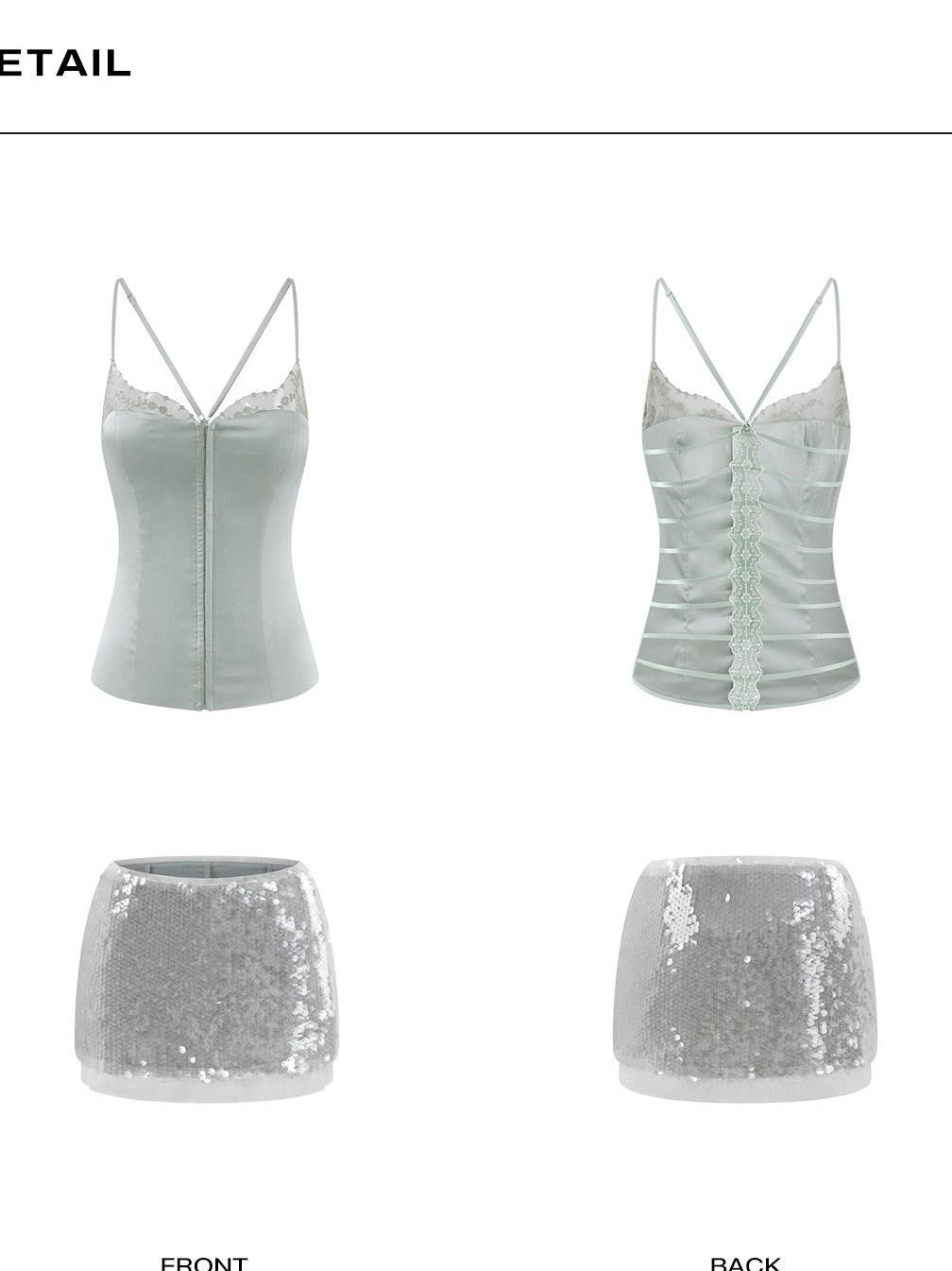 rovente Sea Wave Gray Green Lace Cami Slim Fit Women's Acetate Matching Skirt Sets