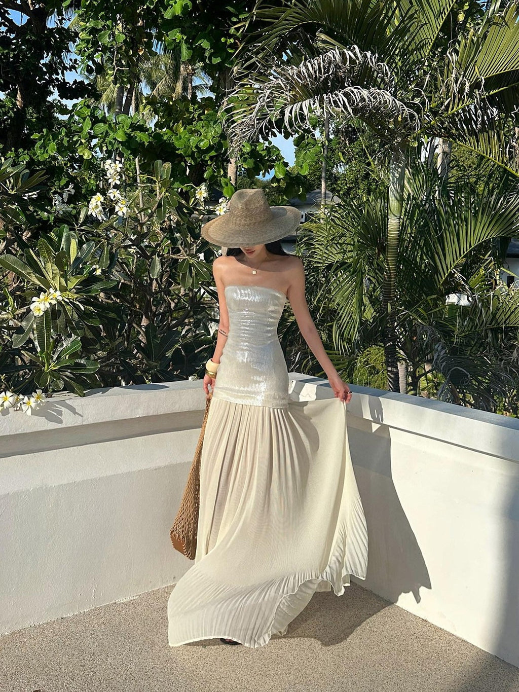 rovente Seaside Sequin Floor Length Women's Tulle Strapless Maxi Dresses