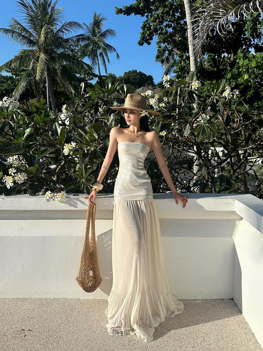 rovente Seaside Sequin Floor Length Women's Tulle Strapless Maxi Dresses