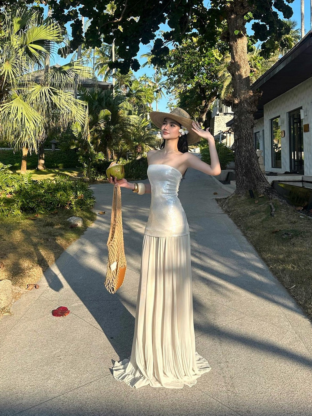 rovente Seaside Sequin Floor Length Women's Tulle Strapless Maxi Dresses