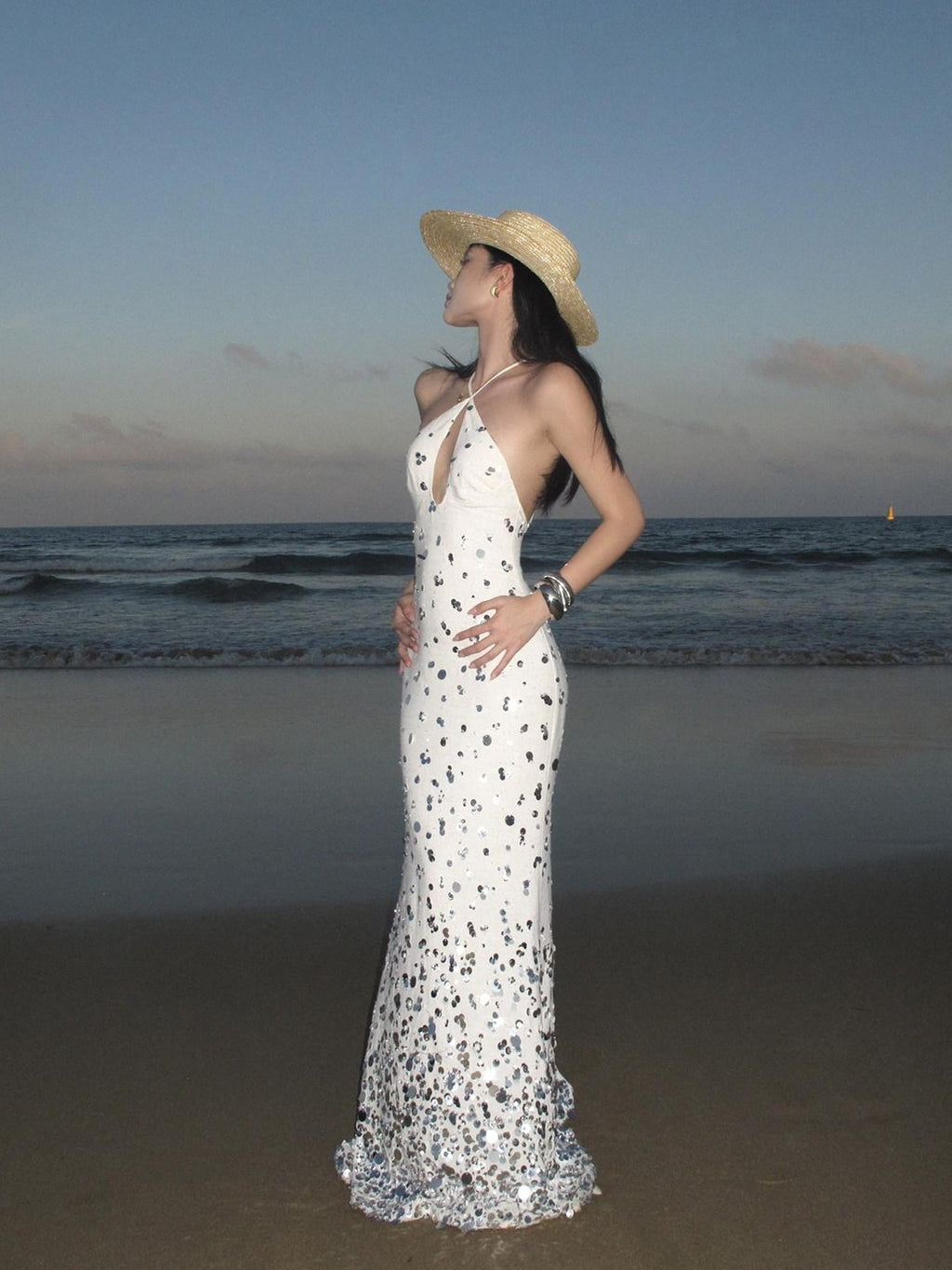 rovente Sequin Halter Mermaid Women's Linen Blend Bodycon Maxi Dresses