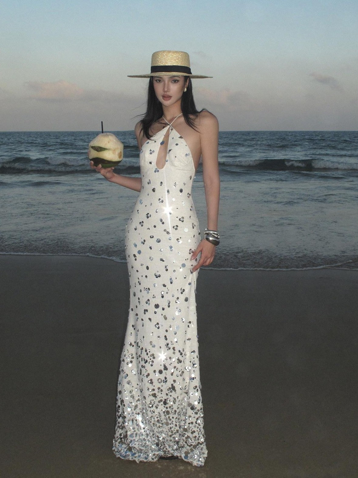rovente Sequin Halter Mermaid Women's Linen Blend Bodycon Maxi Dresses
