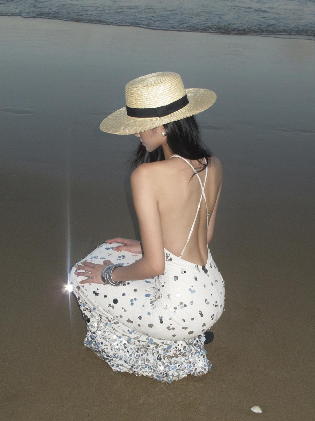 rovente Sequin Halter Mermaid Women's Linen Blend Bodycon Maxi Dresses