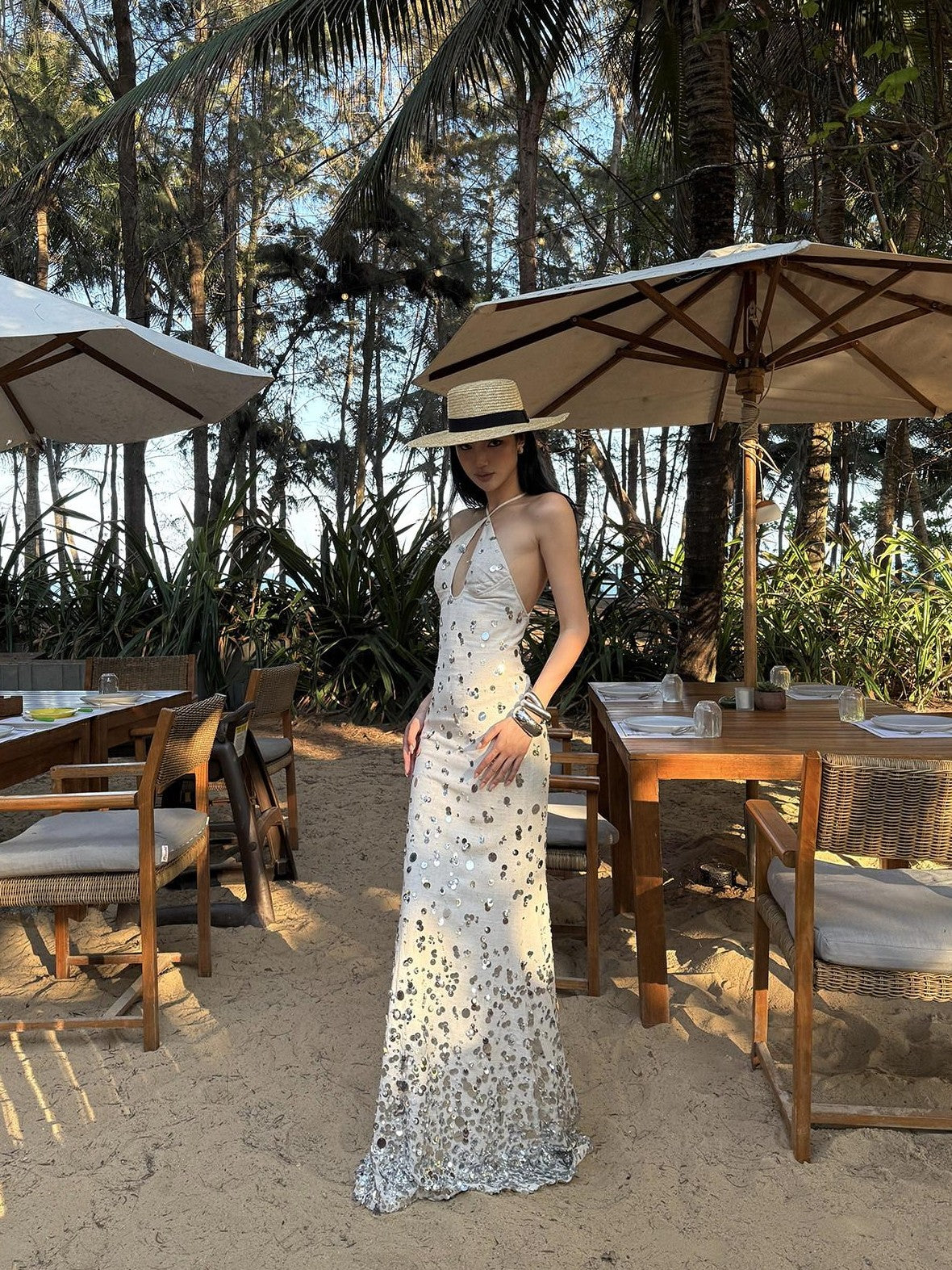 rovente Sequin Halter Mermaid Women's Linen Blend Bodycon Maxi Dresses