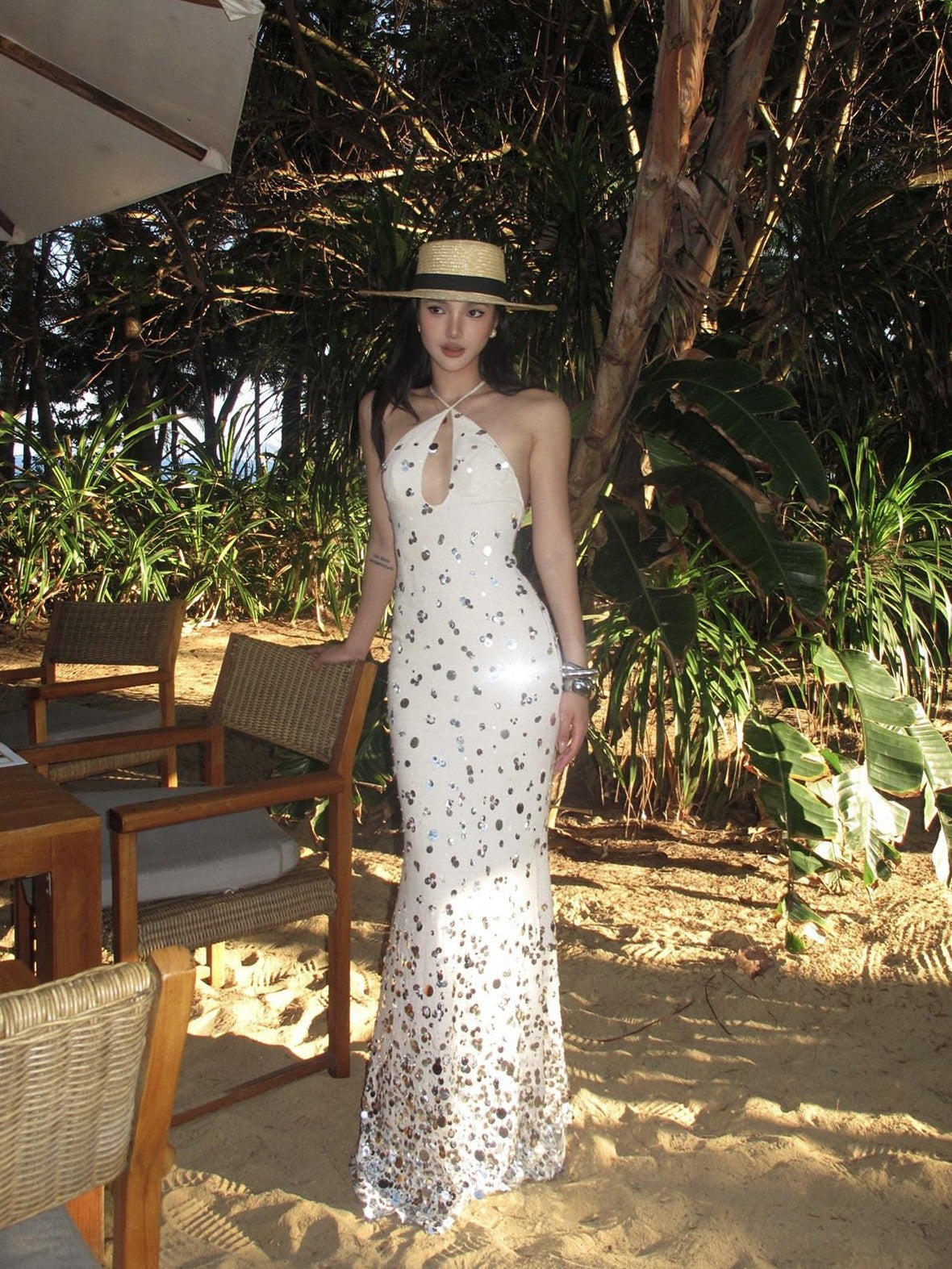 rovente Sequin Halter Mermaid Women's Linen Blend Bodycon Maxi Dresses