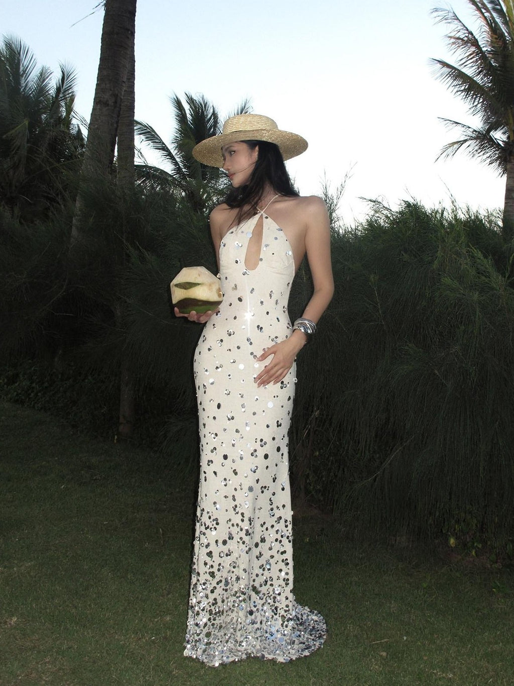 rovente Sequin Halter Mermaid Women's Linen Blend Bodycon Maxi Dresses