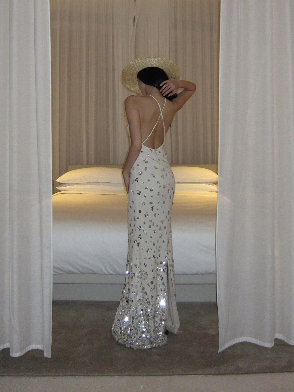 rovente Sequin Halter Mermaid Women's Linen Blend Bodycon Maxi Dresses