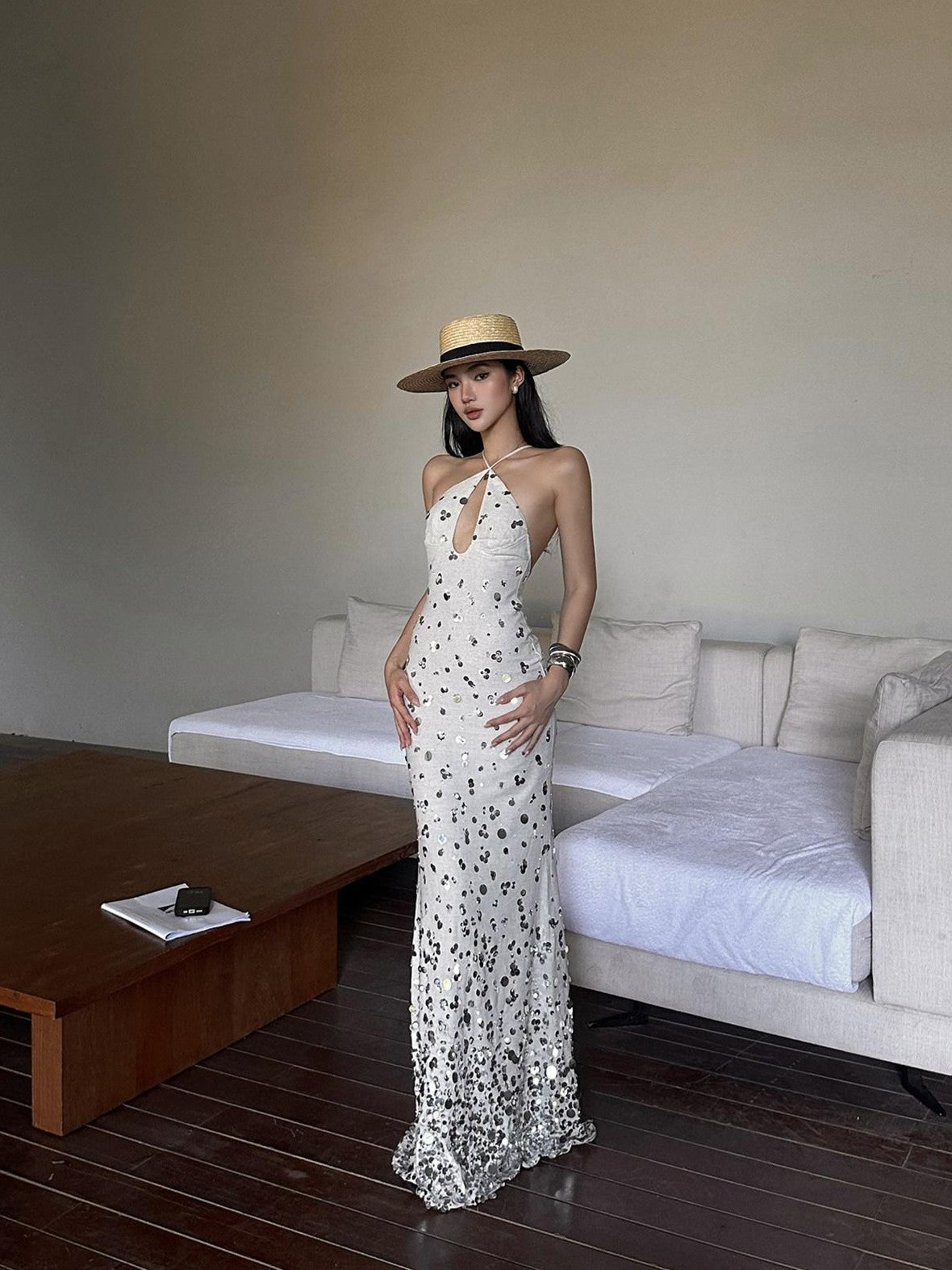 rovente Sequin Halter Mermaid Women's Linen Blend Bodycon Maxi Dresses