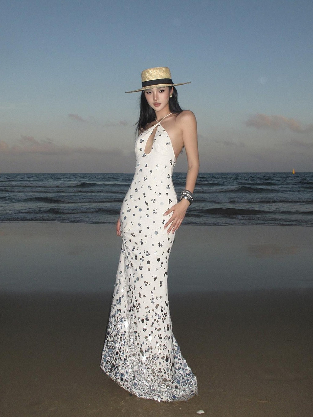 rovente Sequin Halter Mermaid Women's Linen Blend Bodycon Maxi Dresses