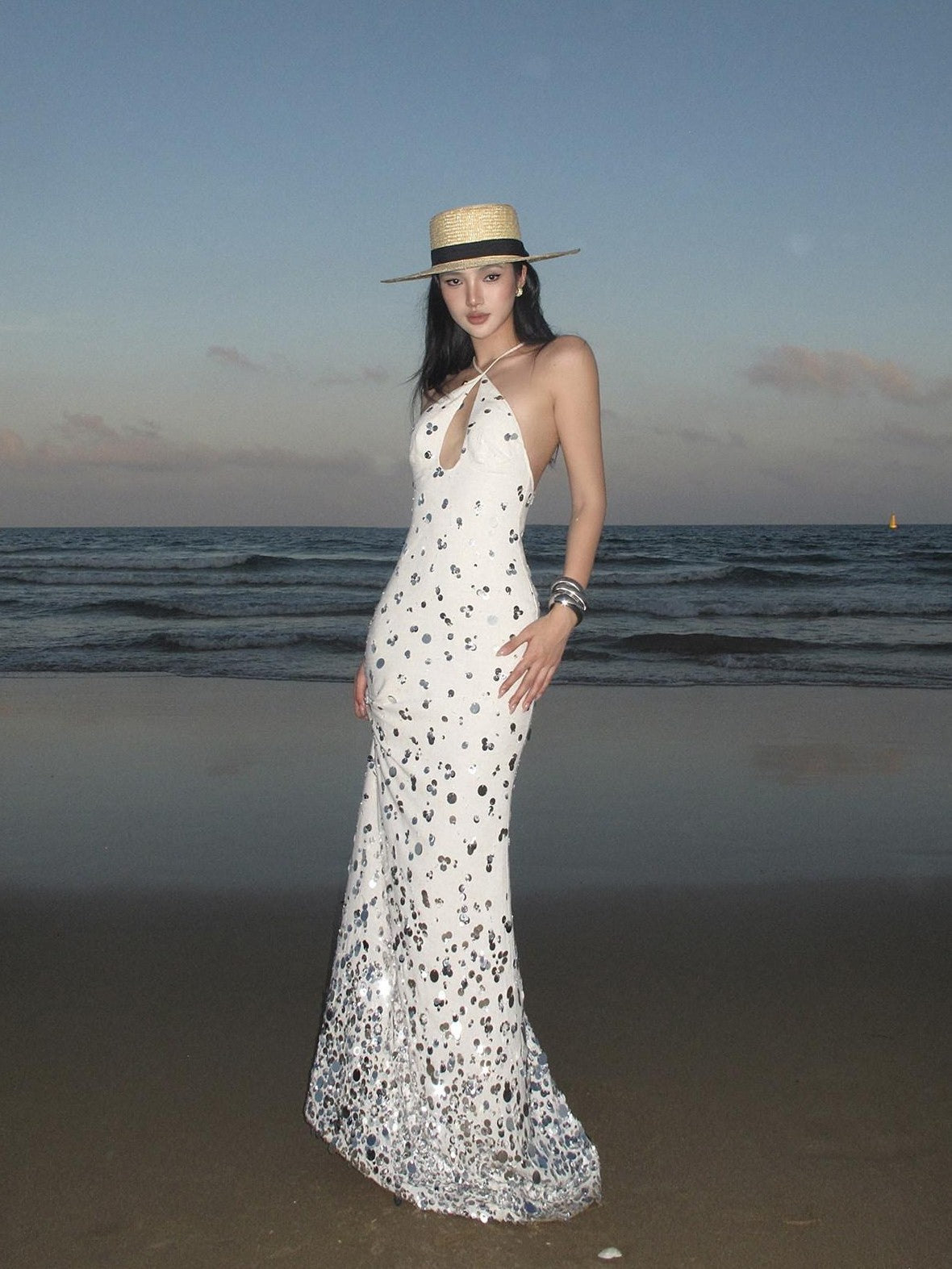 rovente Sequin Halter Mermaid Women's Linen Blend Bodycon Maxi Dresses