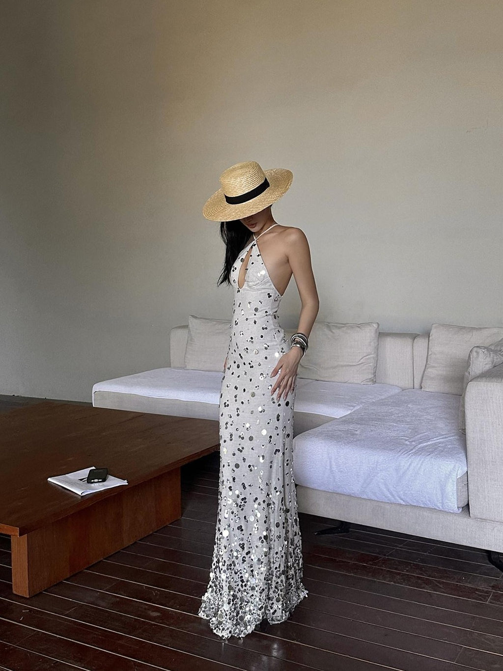 rovente Sequin Halter Mermaid Women's Linen Blend Bodycon Maxi Dresses