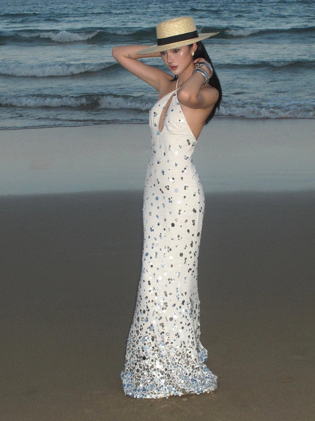 rovente Sequin Halter Mermaid Women's Linen Blend Bodycon Maxi Dresses