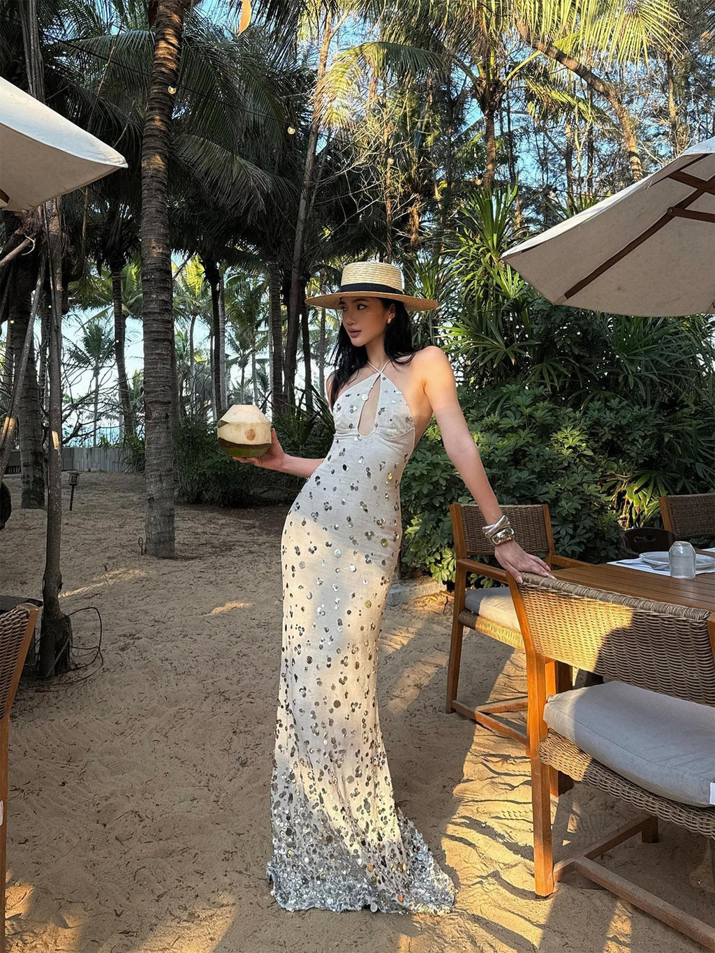 rovente Sequin Halter Mermaid Women's Linen Blend Bodycon Maxi Dresses