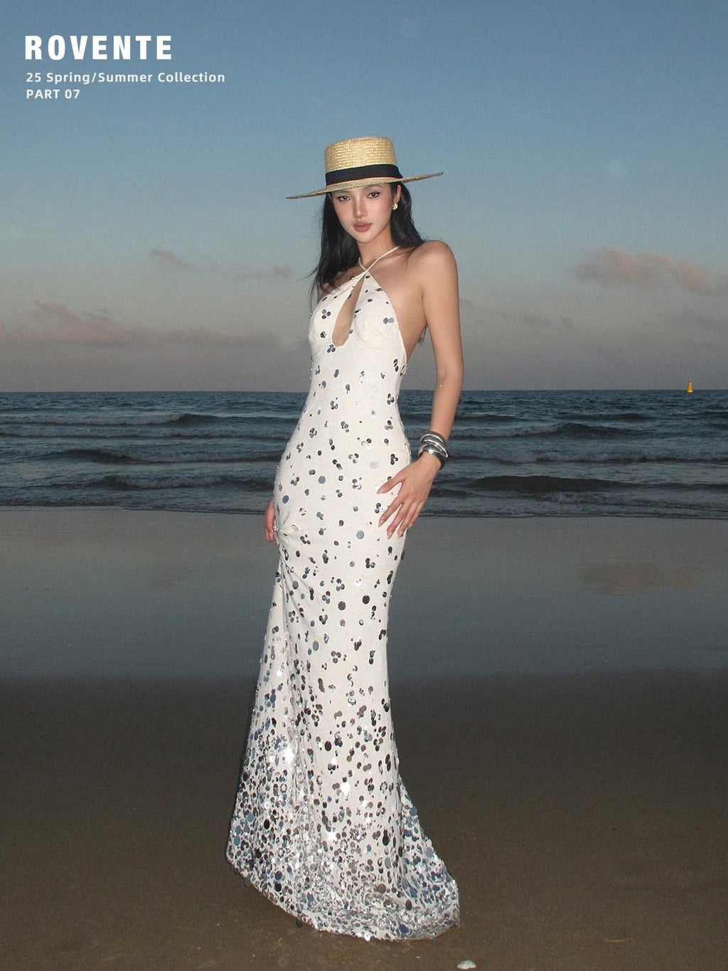 rovente Sequin Halter Mermaid Women's Linen Blend Bodycon Maxi Dresses