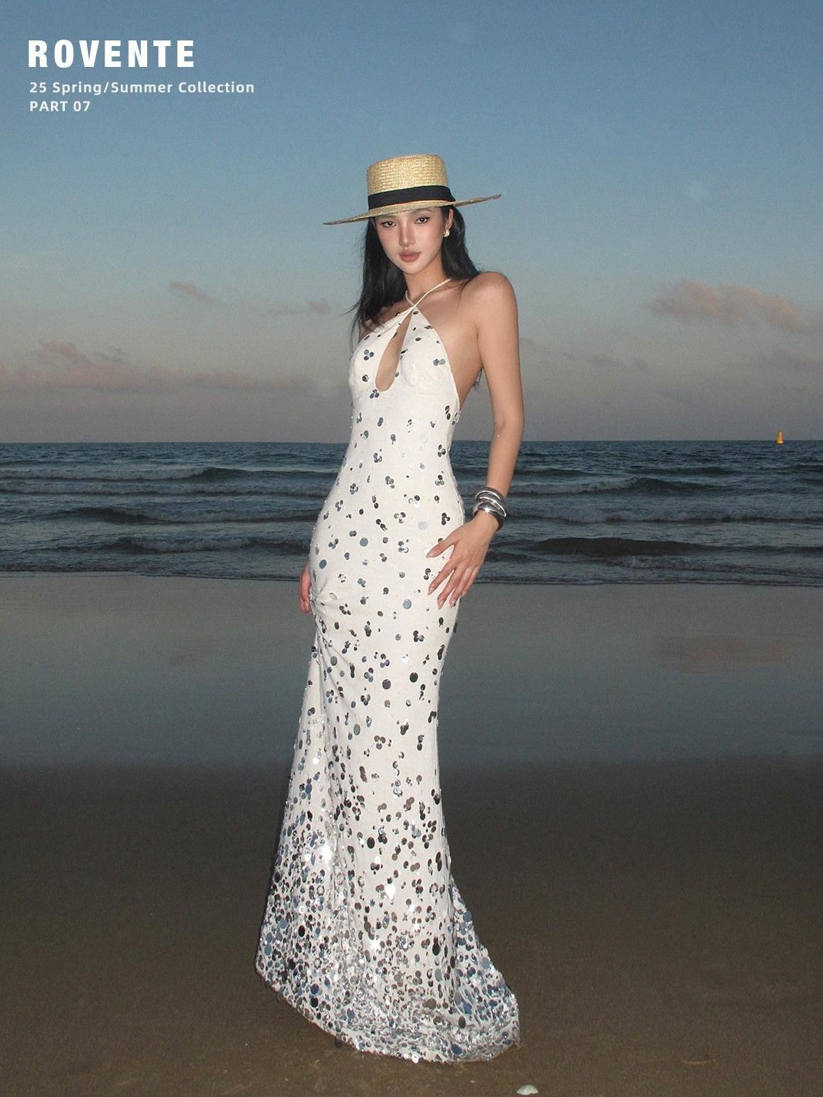 rovente Sequin Halter Mermaid Women's Linen Blend Bodycon Maxi Dresses
