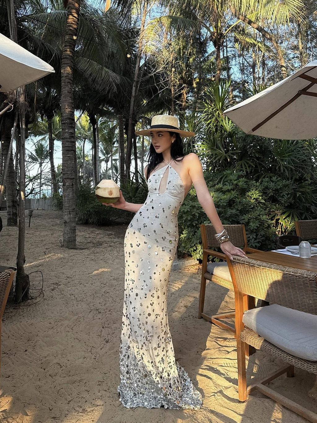 rovente Sequin Halter Mermaid Women's Linen Blend Bodycon Maxi Dresses
