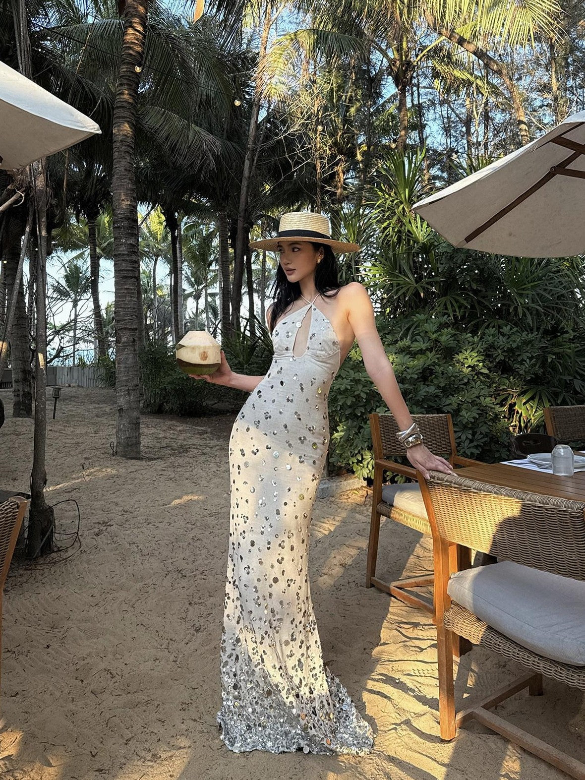 rovente Sequin Halter Mermaid Women's Linen Blend Bodycon Maxi Dresses