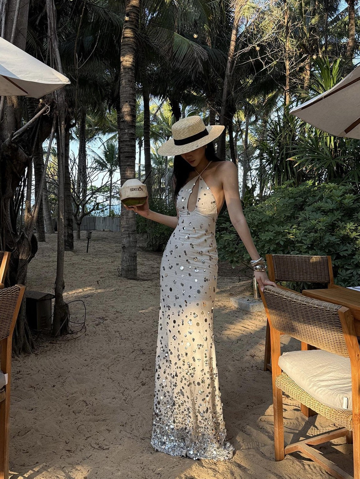 rovente Sequin Halter Mermaid Women's Linen Blend Bodycon Maxi Dresses