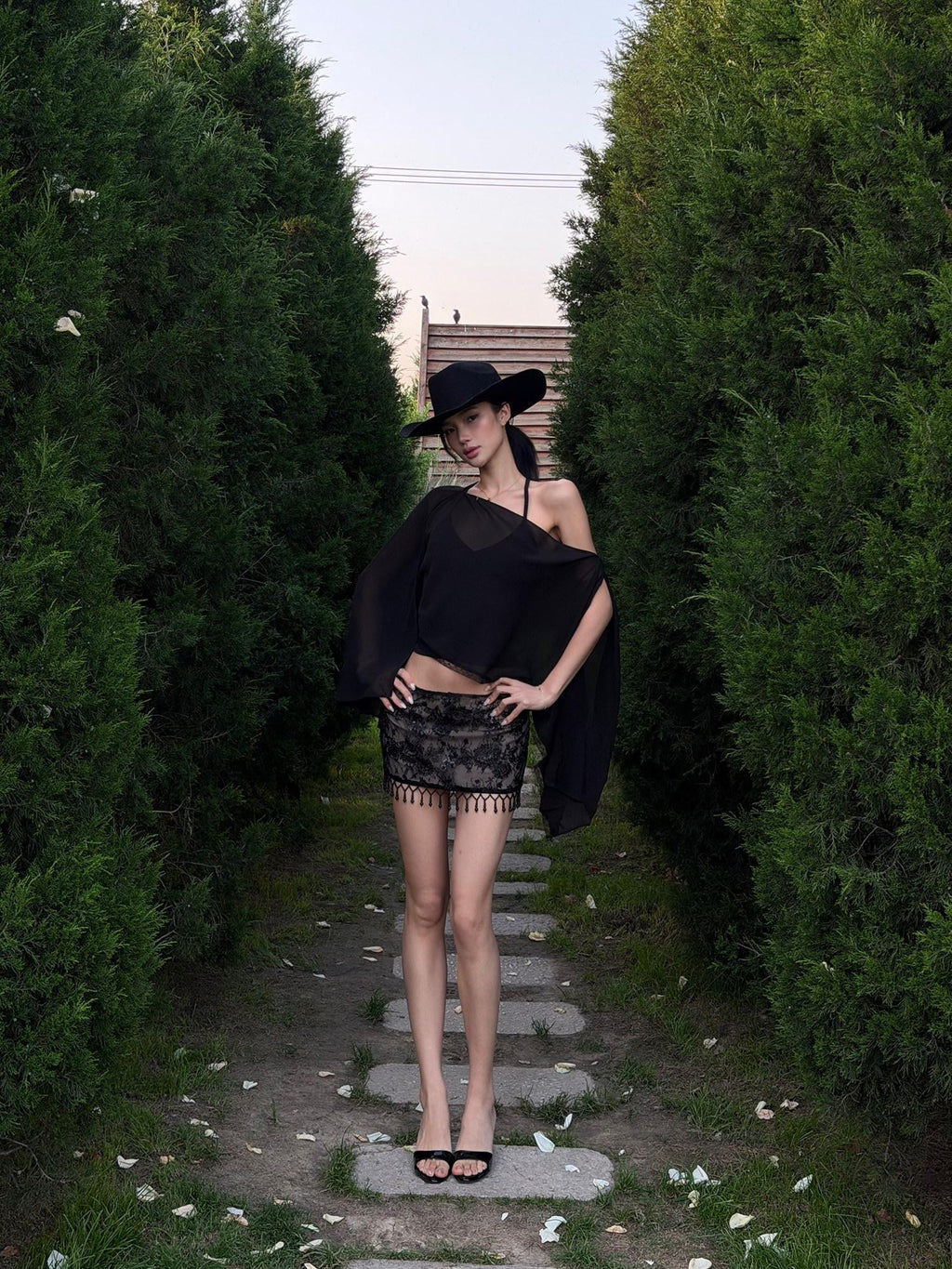 rovente Sexy Black Sheer Off Shoulder Tee Women's Matching Skirt Sets
