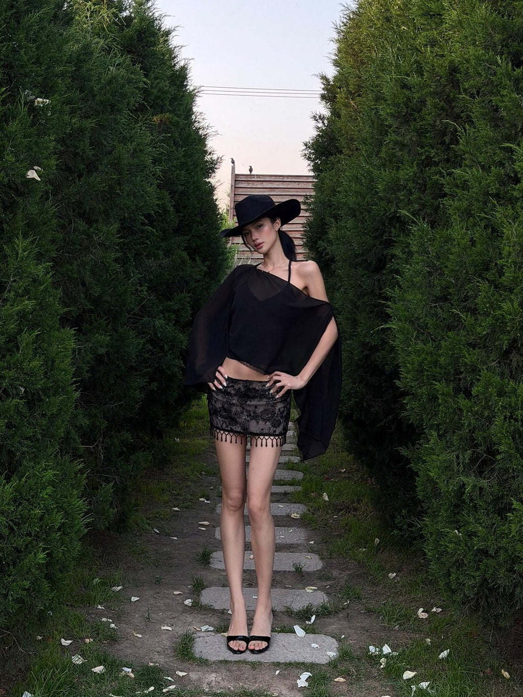 rovente Sexy Black Sheer Off Shoulder Tee Women's Matching Skirt Sets