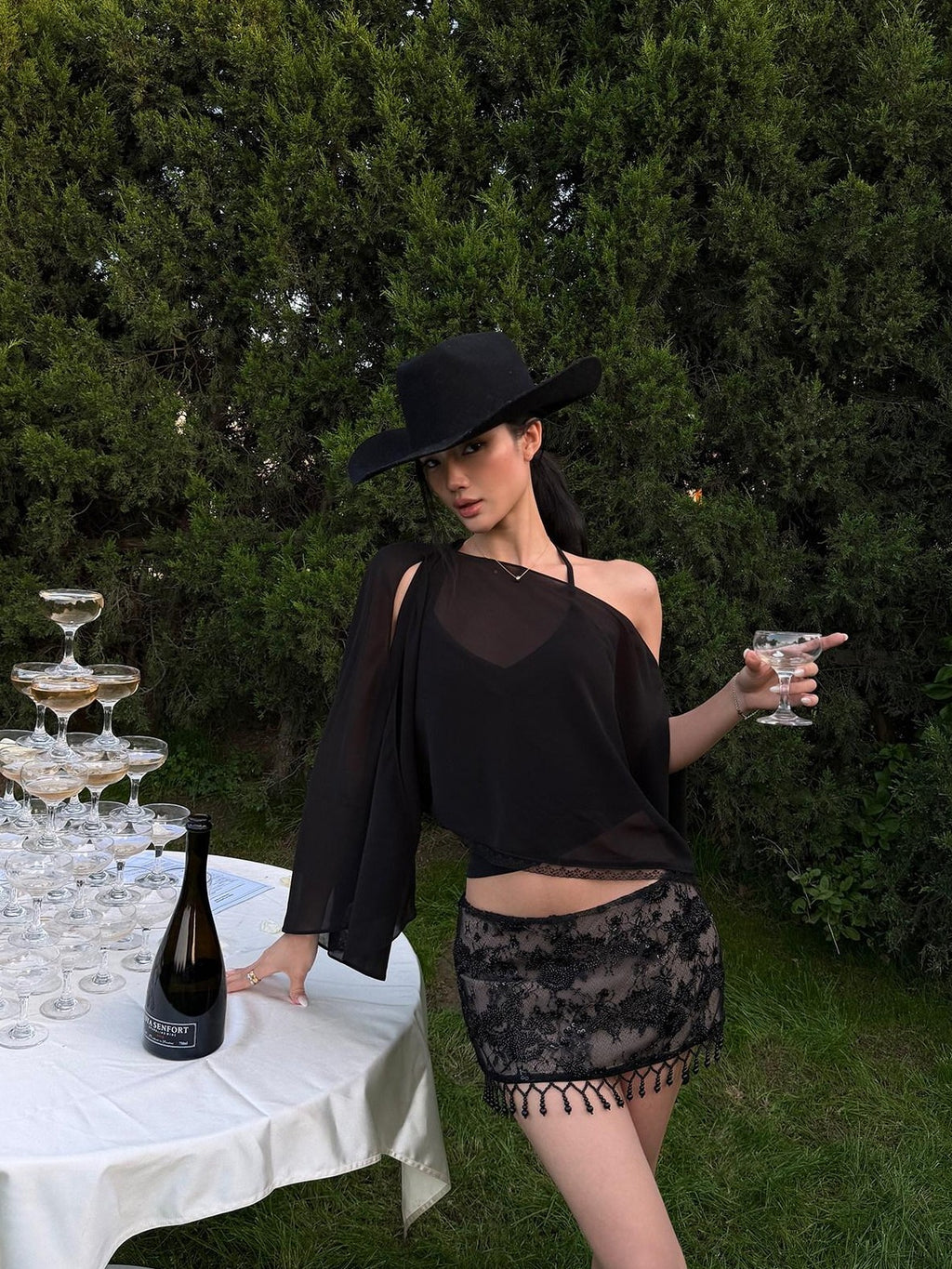 rovente Sexy Black Sheer Off Shoulder Tee Women's Matching Skirt Sets