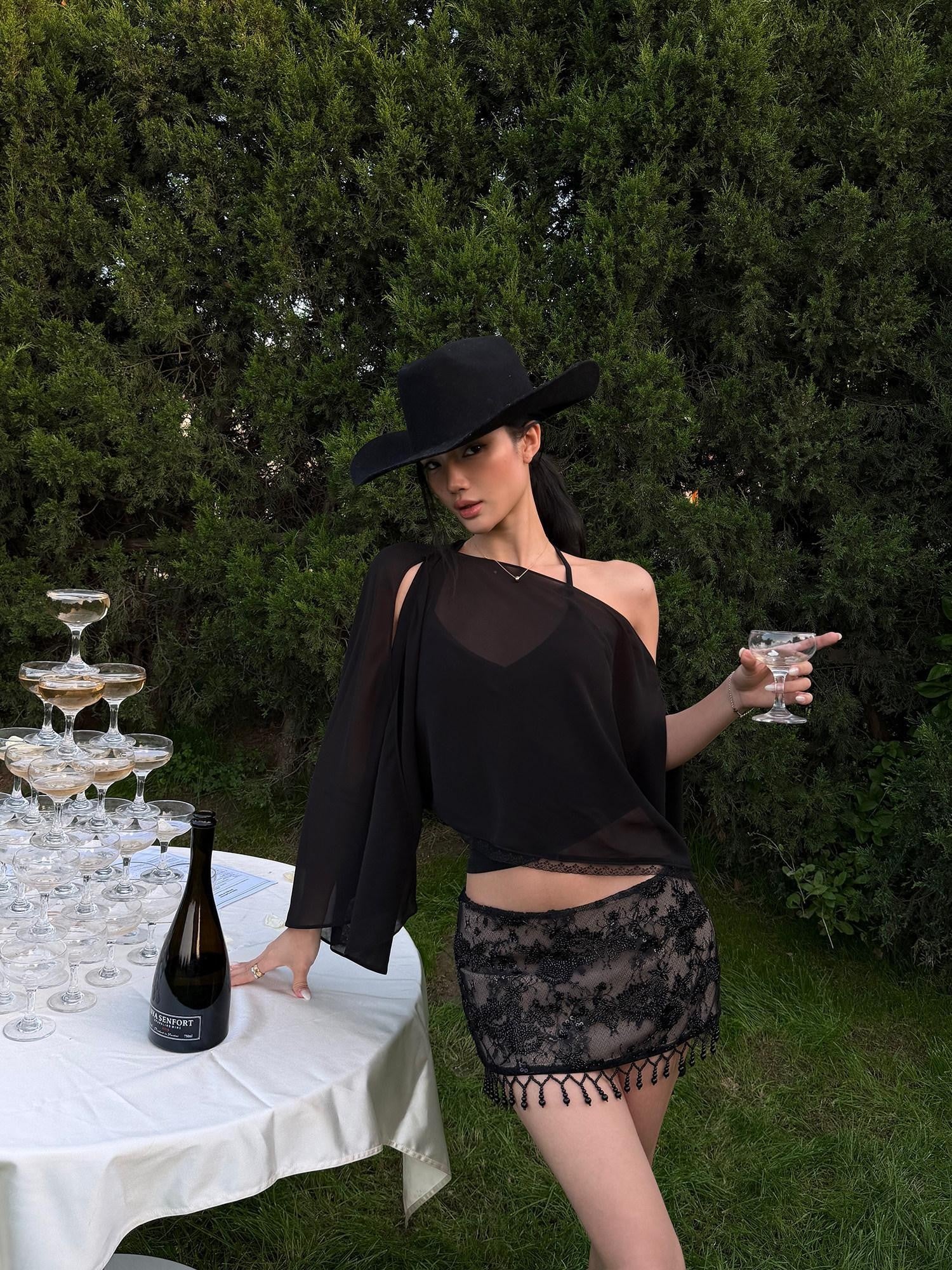rovente Sexy Black Sheer Off Shoulder Tee Women's Matching Skirt Sets