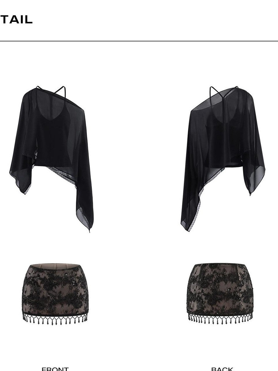 rovente Sexy Black Sheer Off Shoulder Tee Women's Matching Skirt Sets