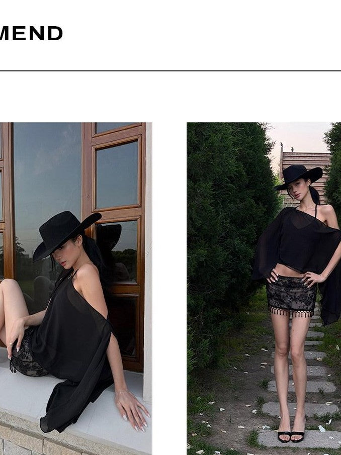 rovente Sexy Black Sheer Off Shoulder Tee Women's Matching Skirt Sets