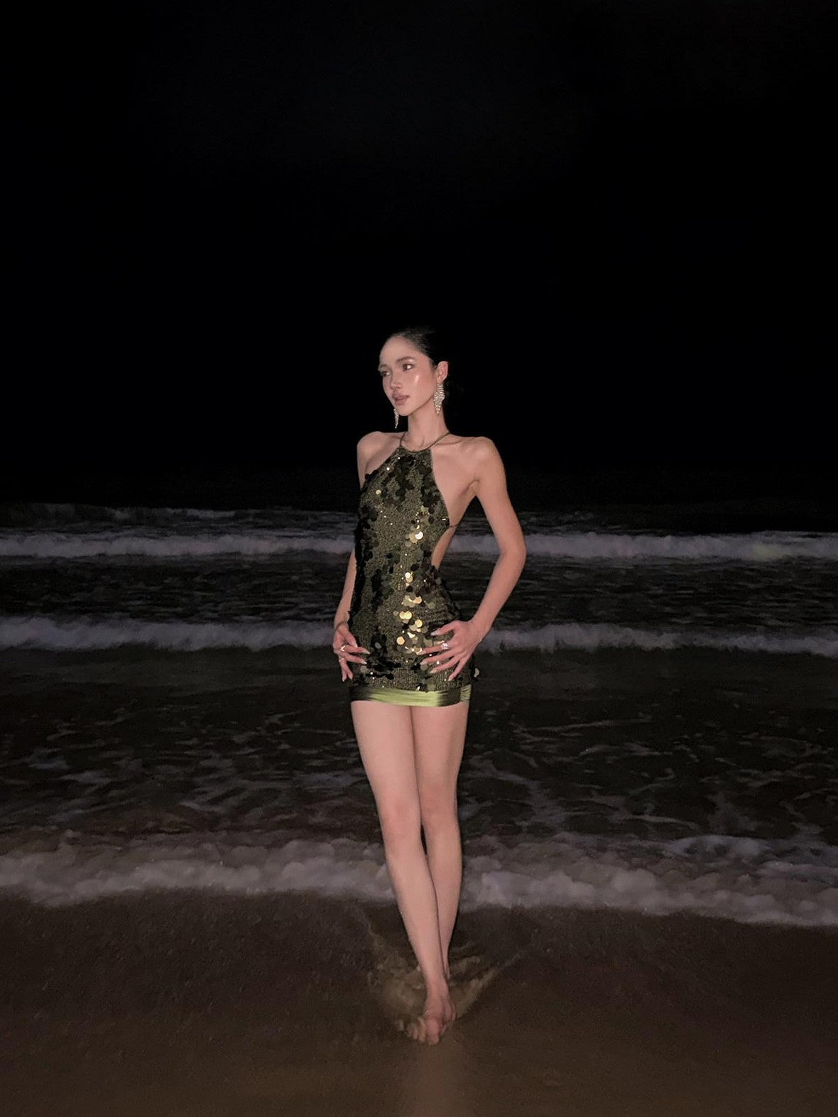 rovente Shimmer Textured Waist Cinching Hip Hugging Women's Sequin Halter Mini Dresses