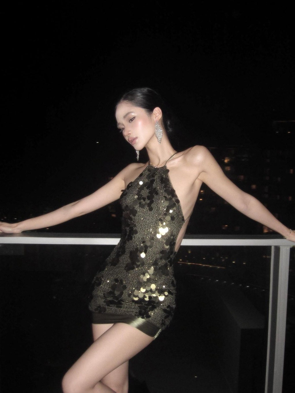 rovente Shimmer Textured Waist Cinching Hip Hugging Women's Sequin Halter Mini Dresses