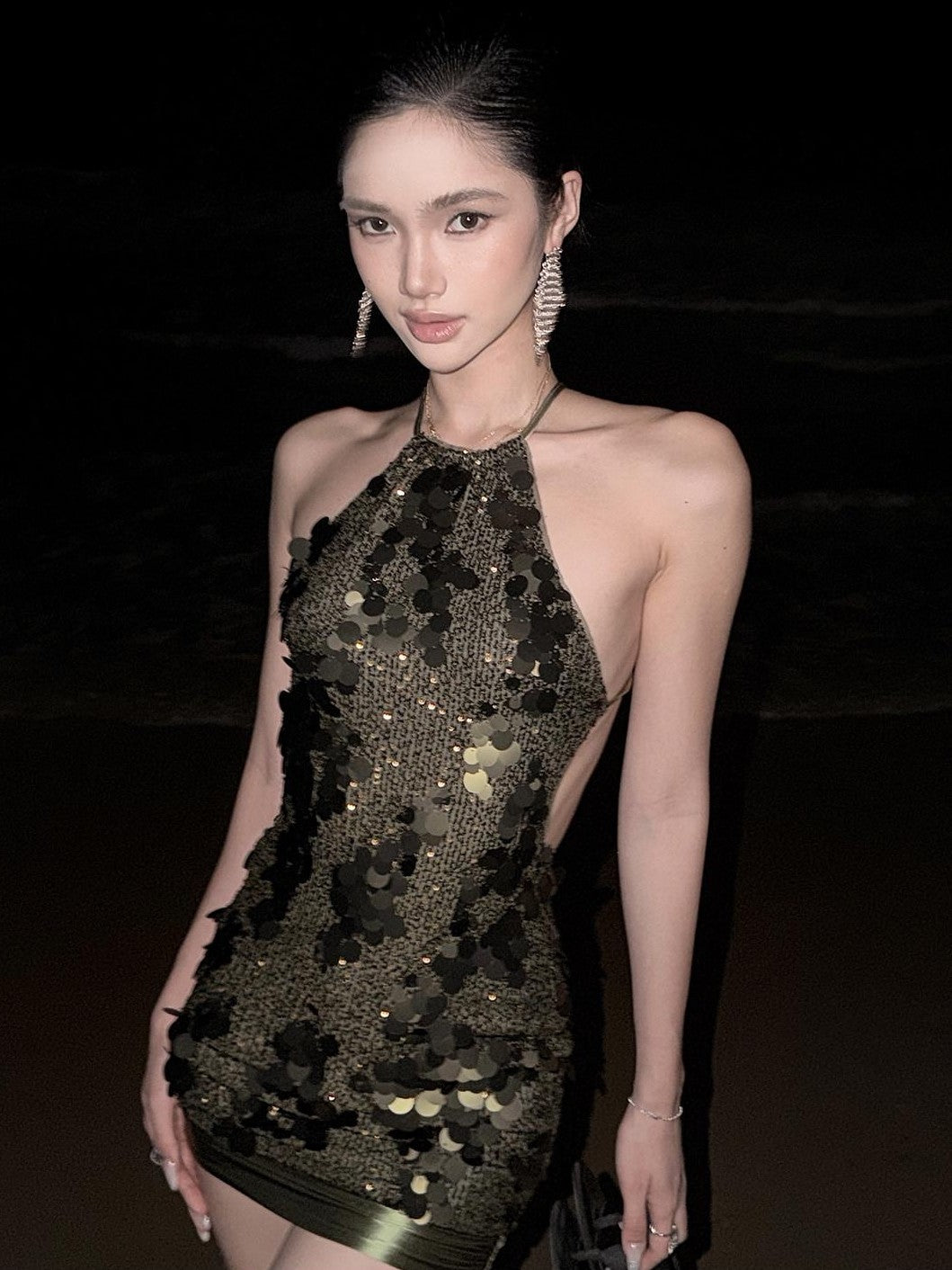 rovente Shimmer Textured Waist Cinching Hip Hugging Women's Sequin Halter Mini Dresses