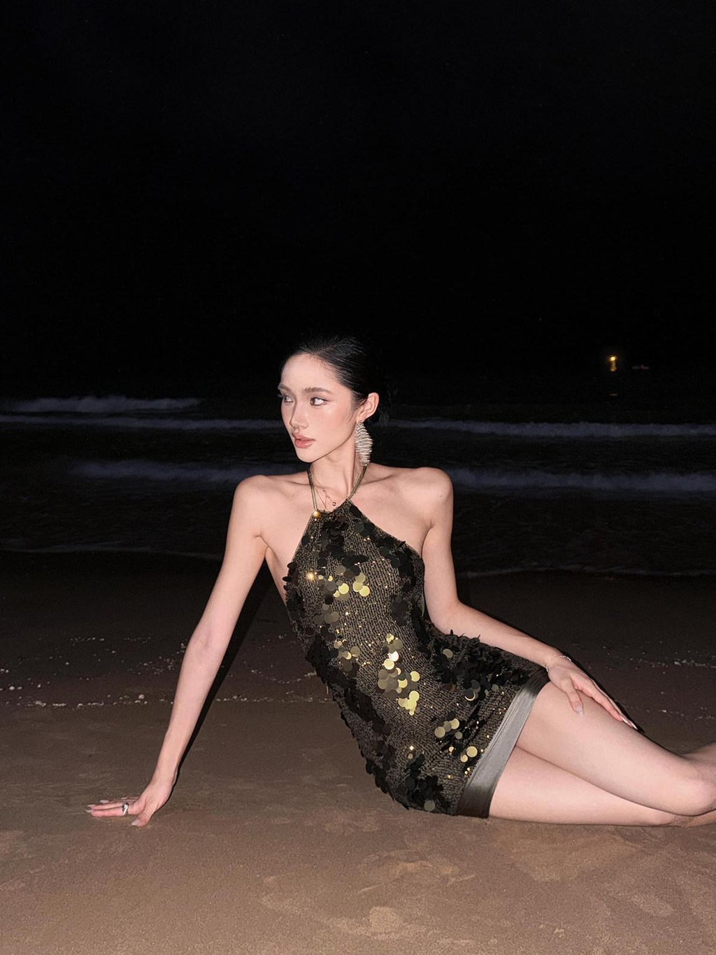 rovente Shimmer Textured Waist Cinching Hip Hugging Women's Sequin Halter Mini Dresses