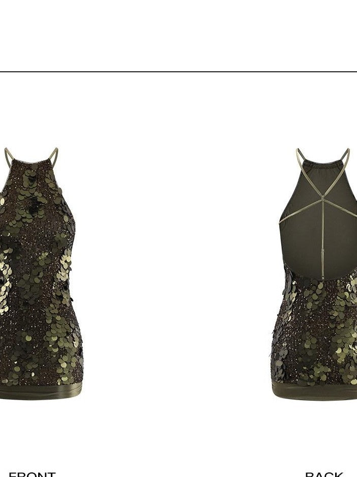 rovente Shimmer Textured Waist Cinching Hip Hugging Women's Sequin Halter Mini Dresses