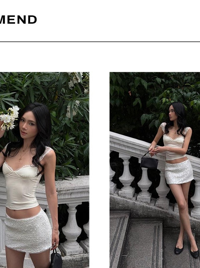 rovente Shimmering Ice White Sequin Low Waist Bodycon Women's Mini Skirts