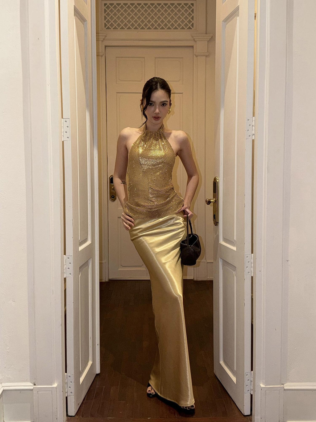 rovente Shimmering Molten Gold Slim Fit Low Waist Pencil Women's Acetate Maxi Skirts