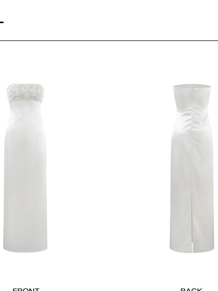 rovente Shimmering White Sequined Shawl Slimming Women's Strapless Maxi Dresses