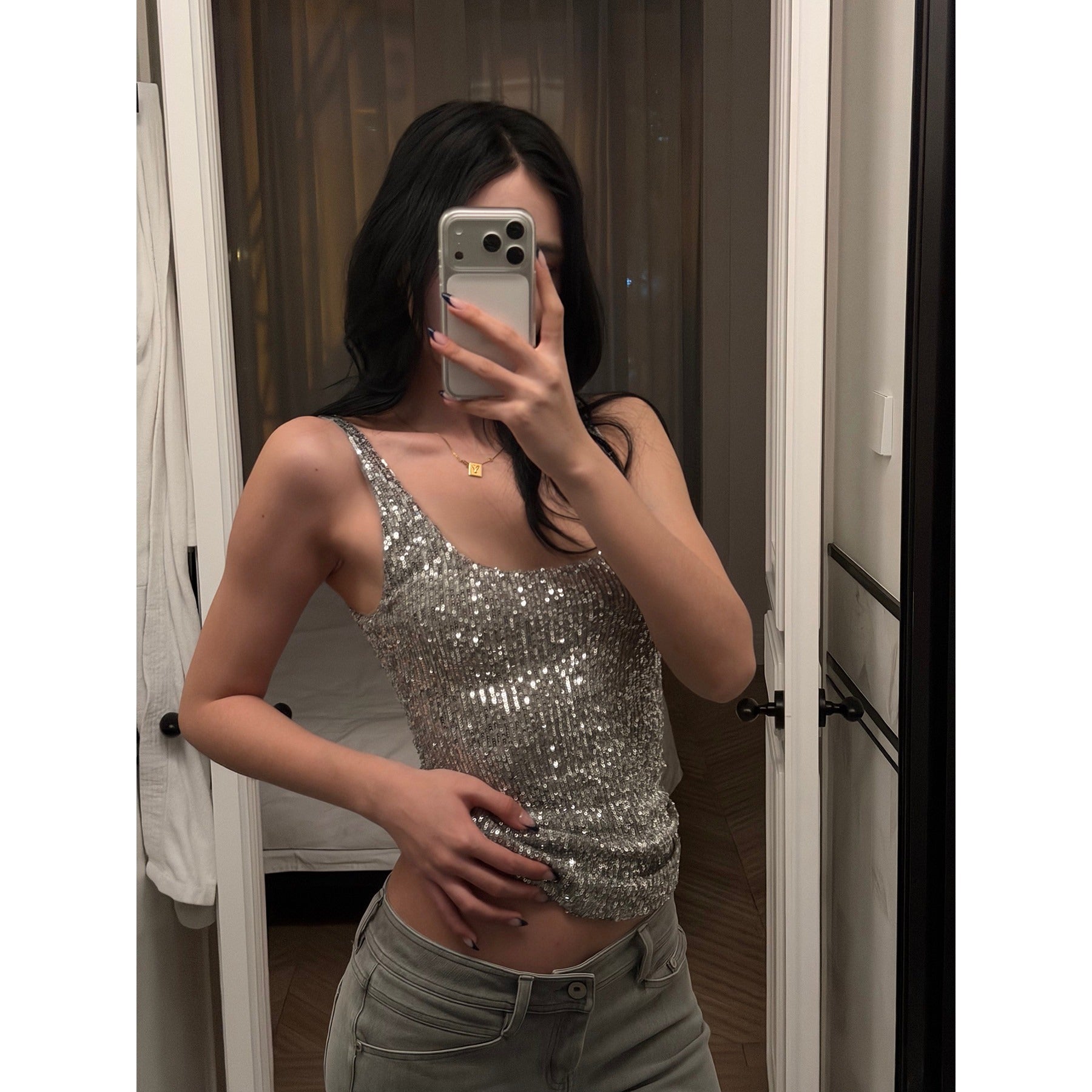 rovente_Silver_Sequin_U_Neck_Slim_Fit_Cropped_Women's_Polyester_Tank_Tops_1000455305355_MISSTT