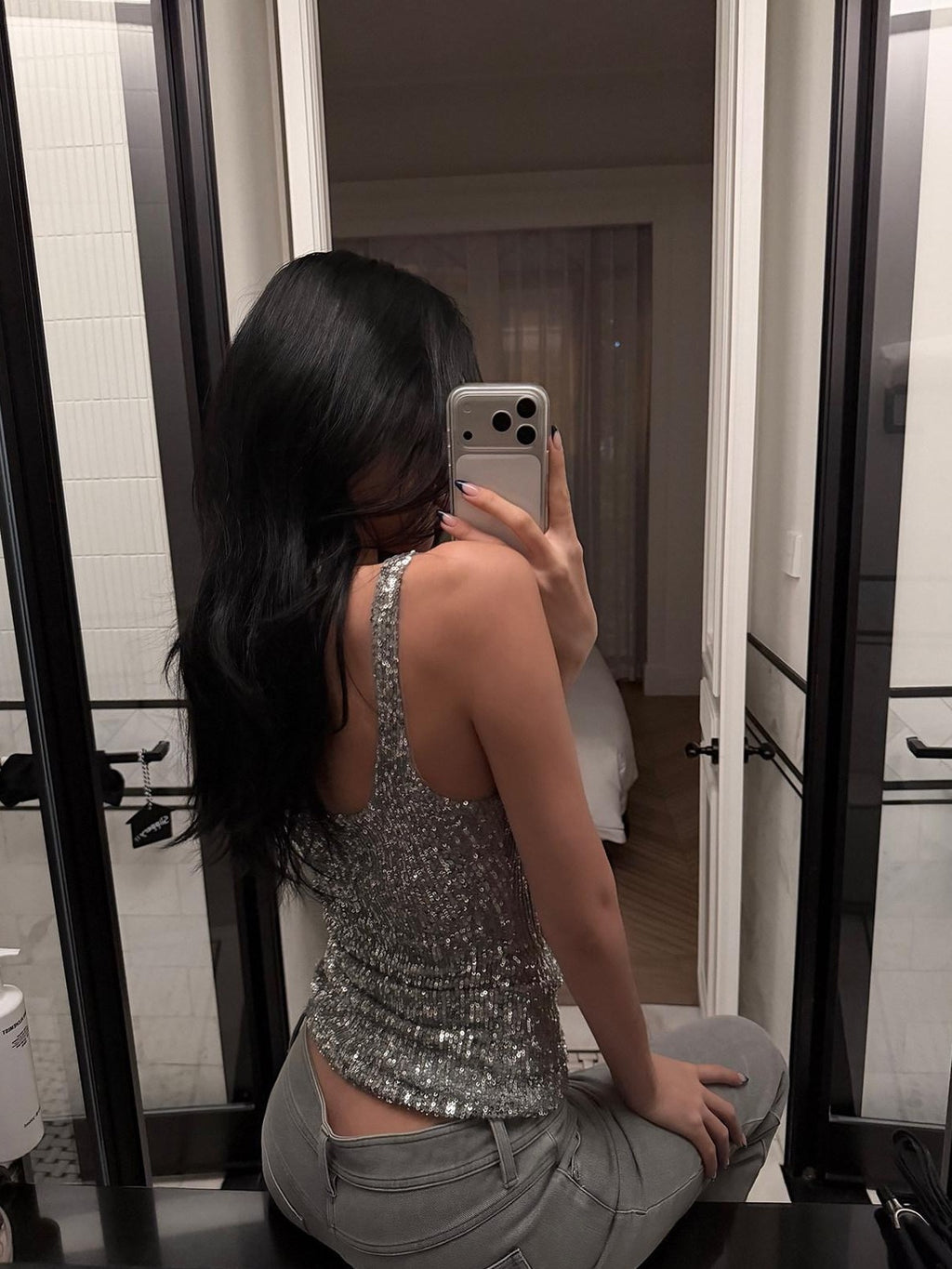 rovente Silver Sequin U Neck Slim Fit Cropped Women's Polyester Tank Tops