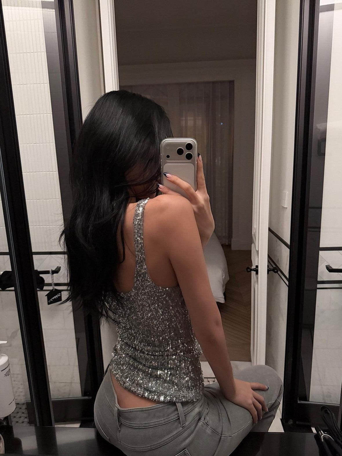 rovente Silver Sequin U Neck Slim Fit Cropped Women's Polyester Tank Tops