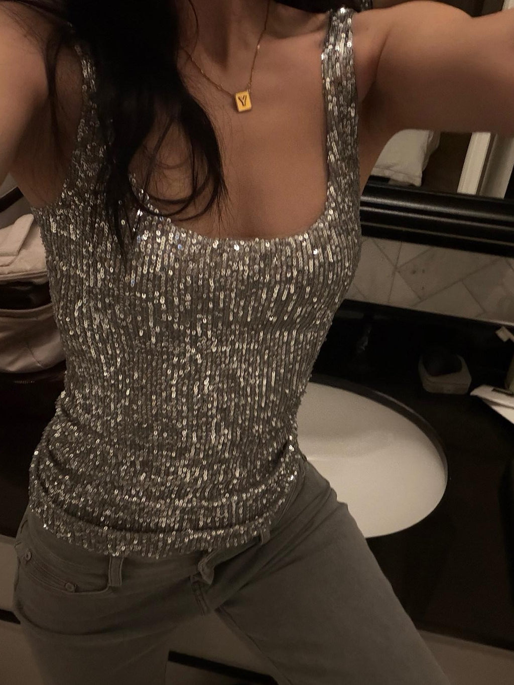 rovente Silver Sequin U Neck Slim Fit Cropped Women's Polyester Tank Tops