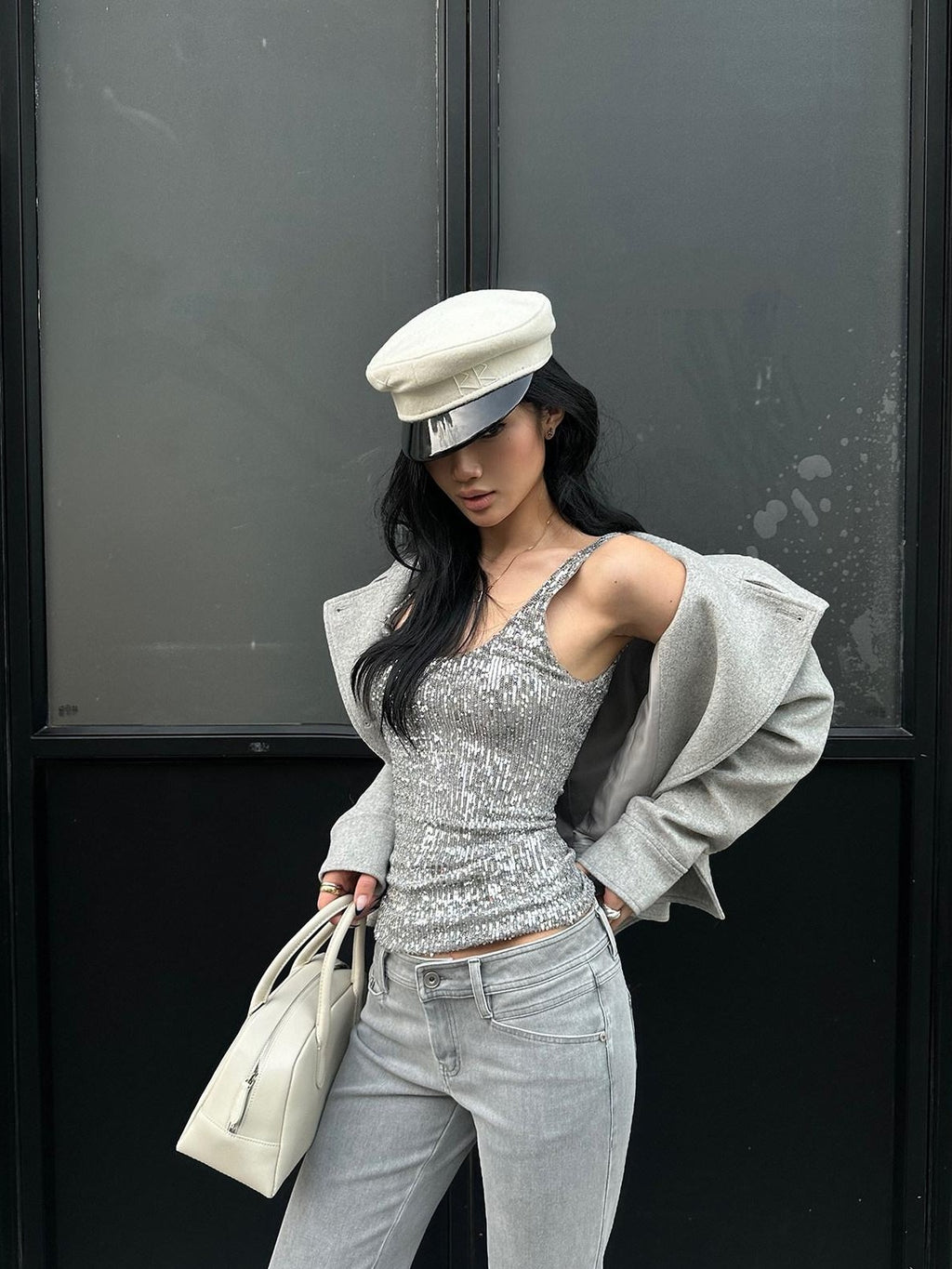 rovente Silver Sequin U Neck Slim Fit Cropped Women's Polyester Tank Tops