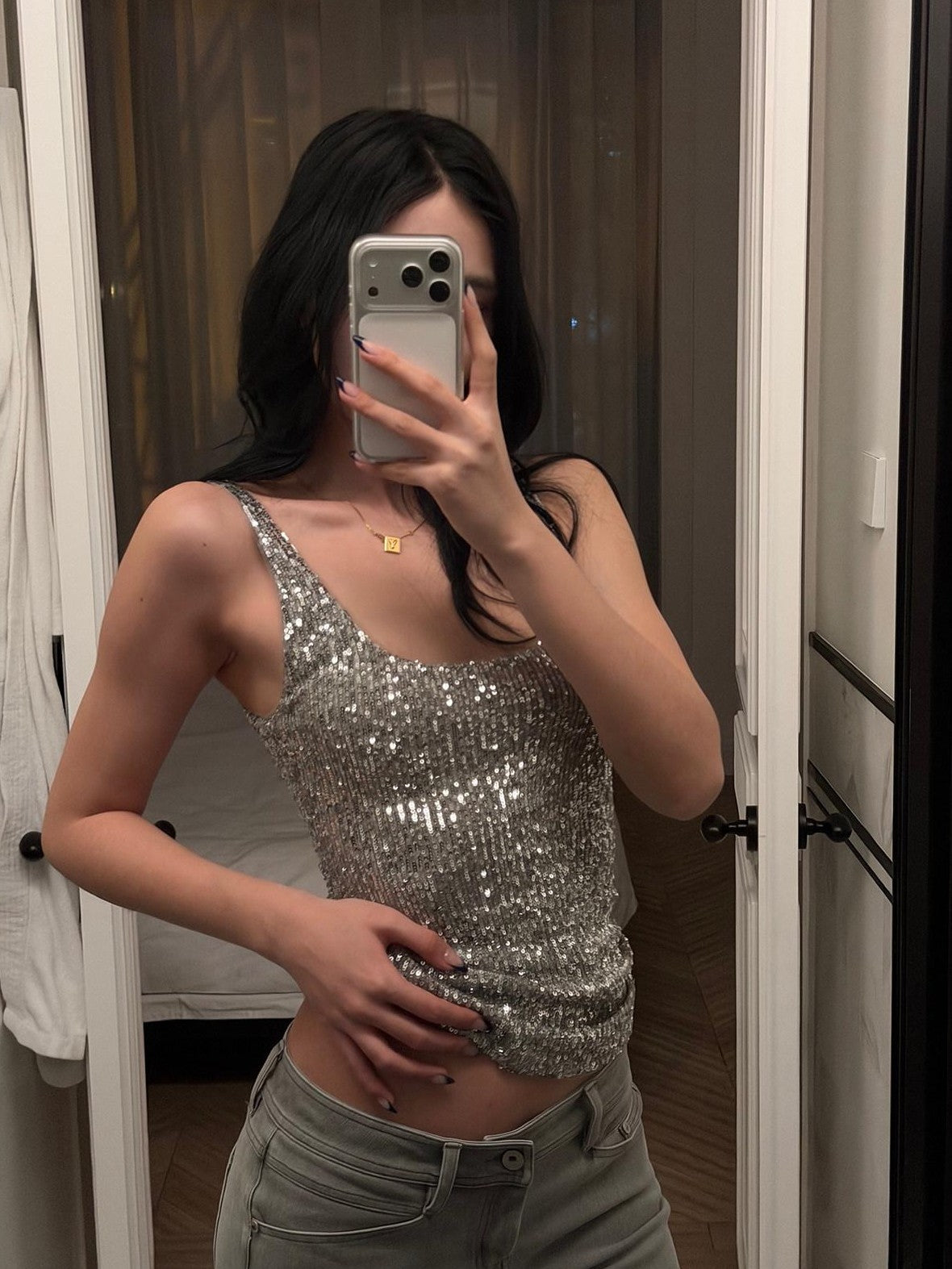 rovente Silver Sequin U Neck Slim Fit Cropped Women's Polyester Tank Tops