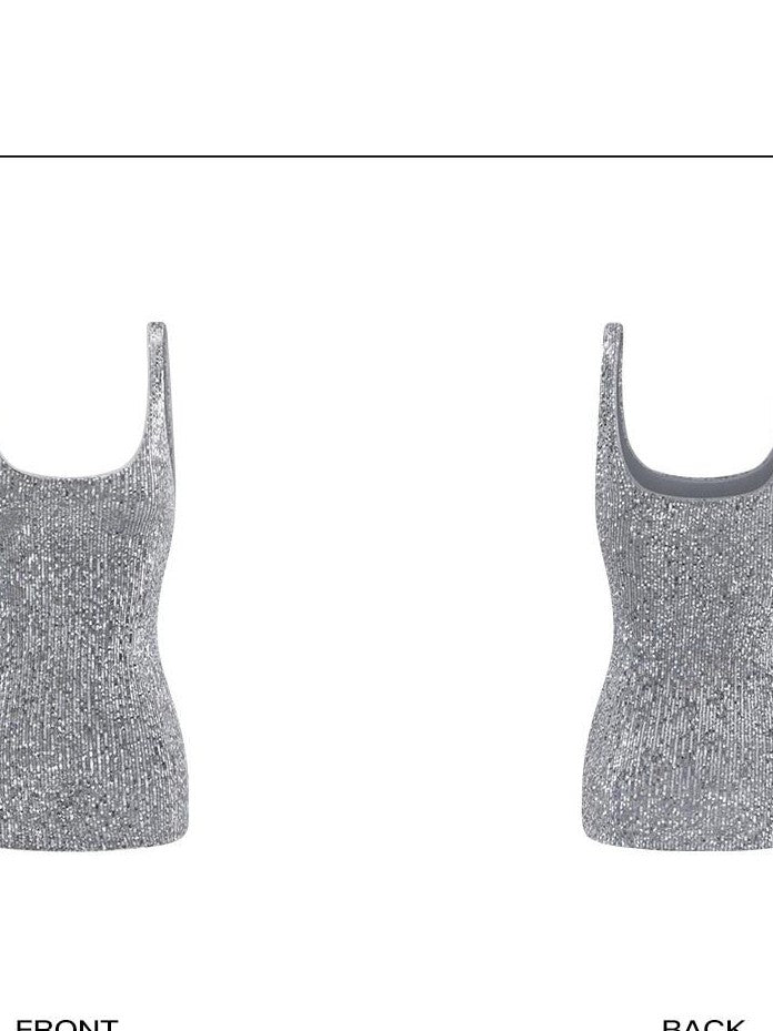 rovente Silver Sequin U Neck Slim Fit Cropped Women's Polyester Tank Tops