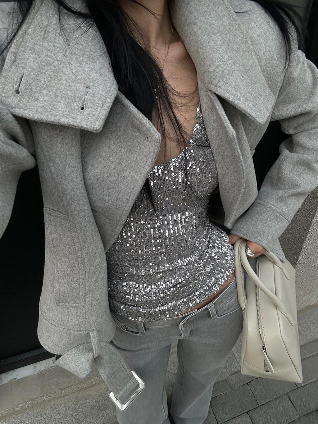 rovente Silver Sequin U Neck Slim Fit Cropped Women's Polyester Tank Tops