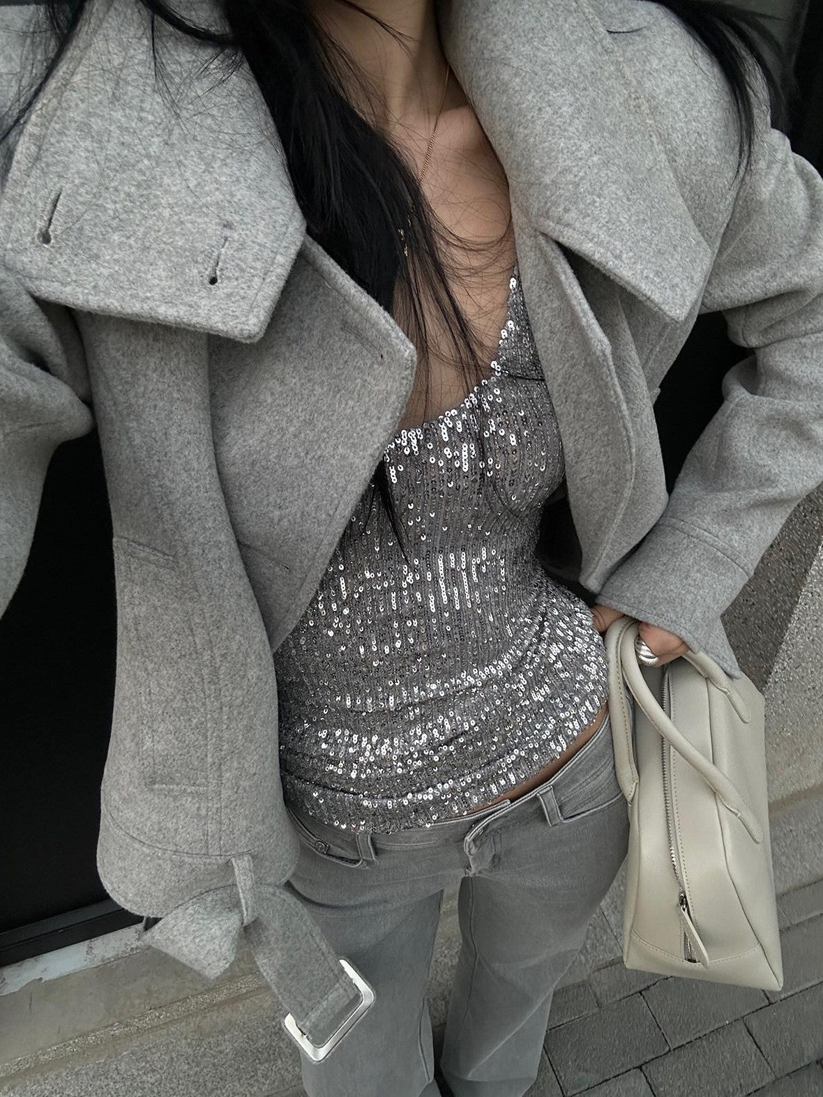 rovente Silver Sequin U Neck Slim Fit Cropped Women's Polyester Tank Tops