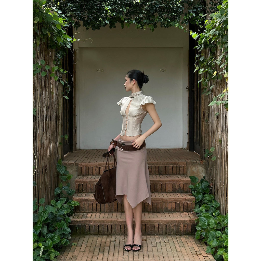 rovente_Soft_Champagne_Khaki_Flutter_Sleeve_Tie_Waist_Women's_Cotton_Blend_Crop_Tops_903183186044_MISSTT