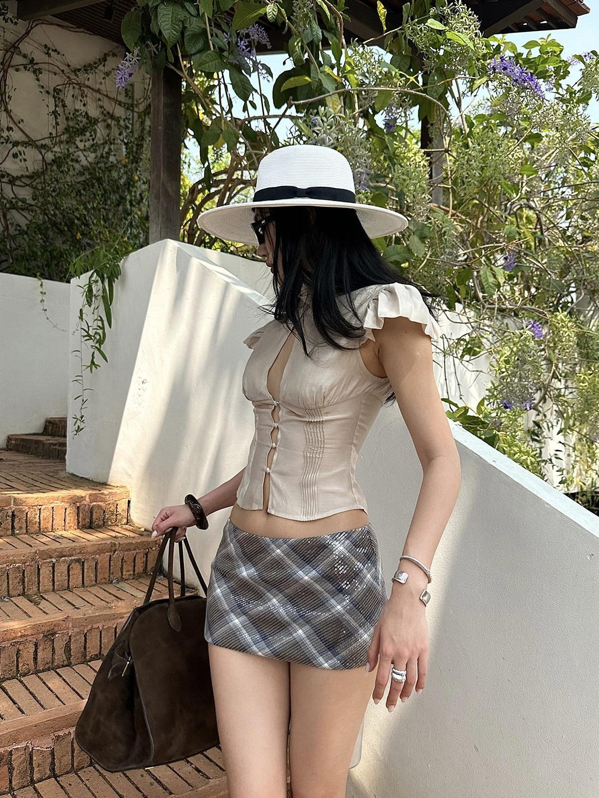 rovente Soft Champagne Khaki Flutter Sleeve Tie Waist Women's Cotton Blend Crop Tops