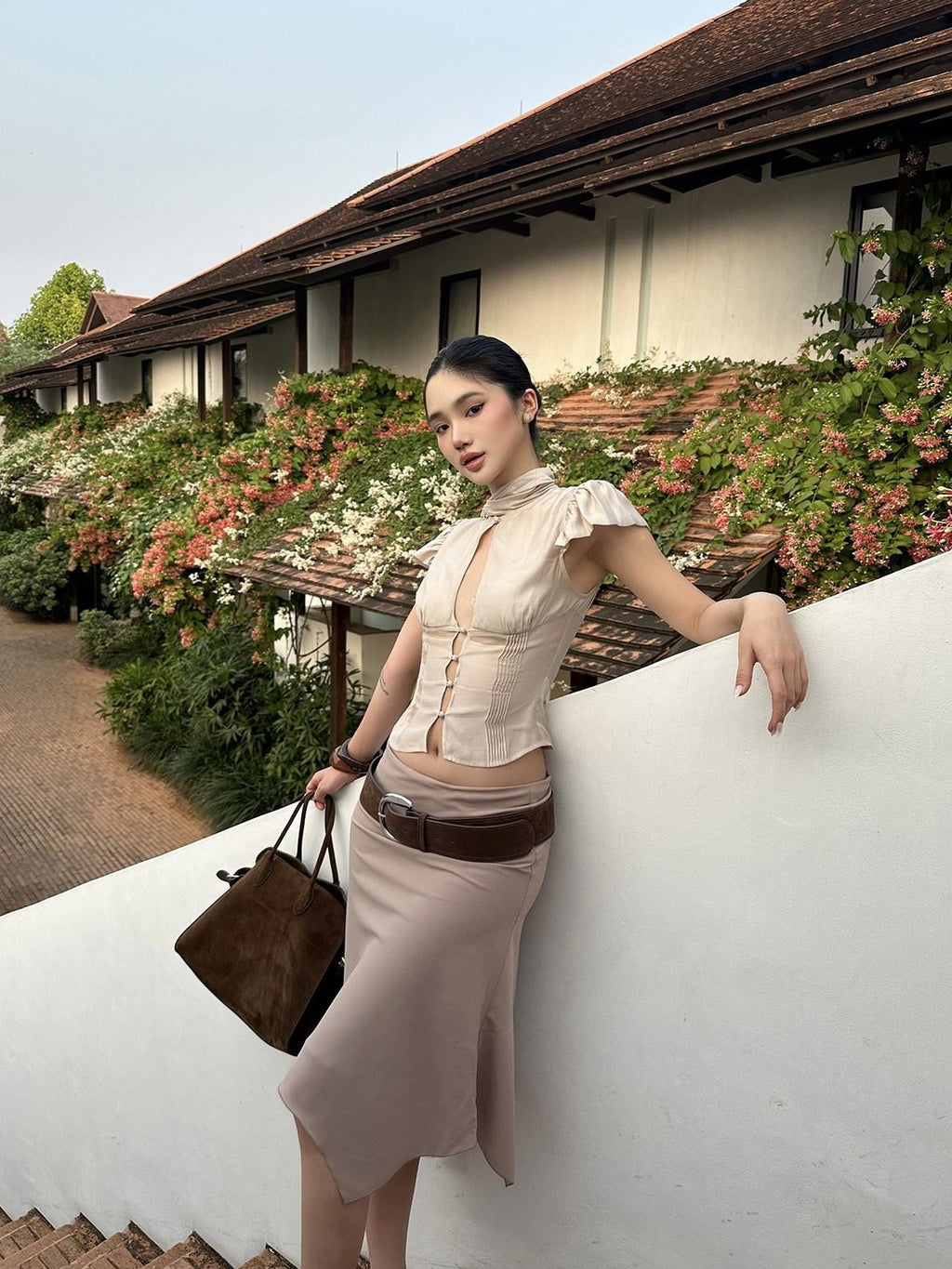 rovente Soft Champagne Khaki Flutter Sleeve Tie Waist Women's Cotton Blend Crop Tops