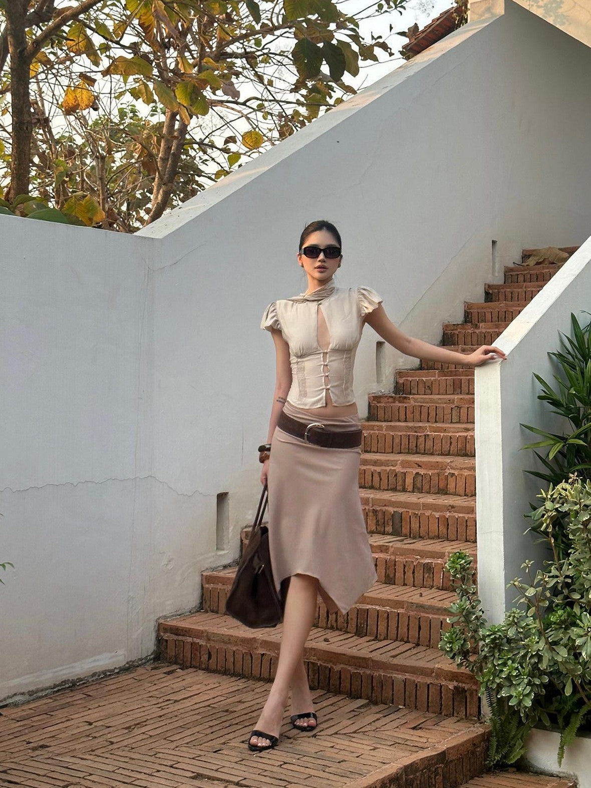 rovente Soft Champagne Khaki Flutter Sleeve Tie Waist Women's Cotton Blend Crop Tops