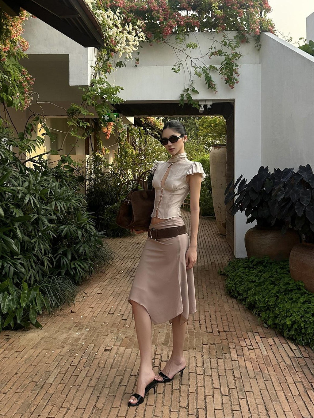 rovente Soft Champagne Khaki Flutter Sleeve Tie Waist Women's Cotton Blend Crop Tops